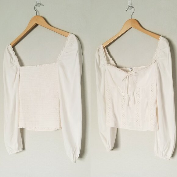 Reformation Isadora Top Blouse Eyelet Lace Trim Smocked Back Ivory Size 6 $148 - Picture 7 of 16